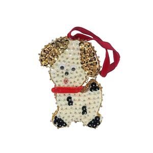 Vtg LeeWards Daisy Puppy Dog Sequin Bead Christmas Ornament Handmade From Kit